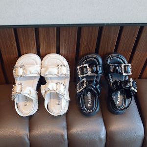 Sneakers Summer Girl's Sandals Rhinestone dikke zachte lederen kinderen Sliders comfortabele niet -slip 2635 Open teen stijlvolle zwarte beige kinderen schoenen