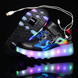 Sneakers Twee wielen Liminous Sneakers Black Red Led Light Roller Skate Shoes For Children Kids Led Shoes Boys Girls Shoes Up 2843
