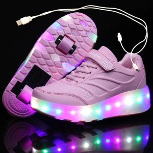 Baskets USB Charges noires deux roues Lumineuses baskets LED LED Light Roller Skate pour enfants Chaussures LED Kid