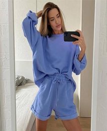 Snordic Women Autumn Casual Tracksuits Two Pieces Set Cotton Outfits Full Sleeve Oversized T Shirt High Waist Drawstring Shorts LJ6776924