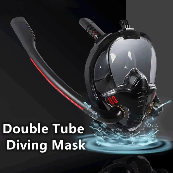 Máscara de snorkel en doble tubo silicona con máscara de buceo seco con máscaras de natación para adultos gafas de buceo autónomo contenida respiración bajo el agua 240410