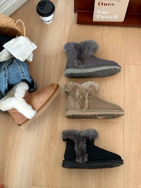 Botas de nieve diseñador para mujer corte superficial botas cálidas para hombre perezoso cuero y pasto felpa integrada zapatos de algodón de corte bajo botas de pan botas cortas modernas y versátiles