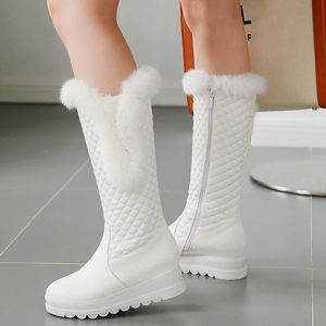 Boots de neige chauds rose blanc femmes cales d'hiver appartements genoues hautes bottes féminines plate-forme fourrure en peluche chaussures longues étanche