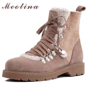 Bottes de neige femmes en cuir véritable plate-forme plate cheville chaussures à lacets vache daim dames court hiver grande taille 42 210517