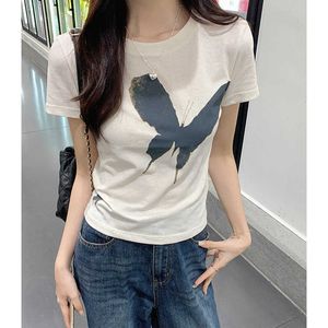 Snow Cotton T-shirt à manches courtes minces pour femmes Poldaline Summer Butterfly Print Avant épaule Slimming 2024