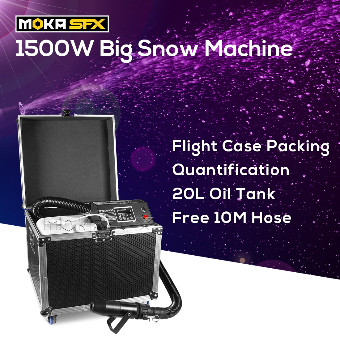 MOKA 1500W snömaskin med flygfodral DMX512 Fjärrkontroll Snöframställning Maskin snö volym och hastighet justerbar inomhus snömaskin för DJ Disco Party Club Bar