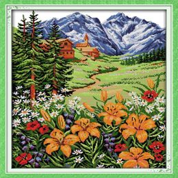 Montaña nevada en primavera Paisaje Decoración del hogar pintura Hecho a mano Punto de cruz Bordado Conjuntos de costura Impresión contada en lienzo DMC 264o
