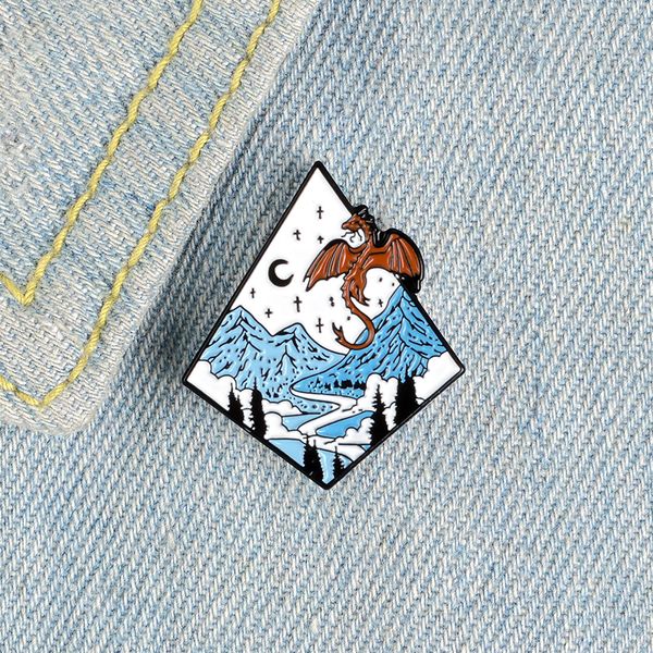 Broches en émail paysage de montagne de neige pour femmes, Dragon nuit ciel étoile lune épinglette badge vêtements sac épingles bijoux cadeau pour ami