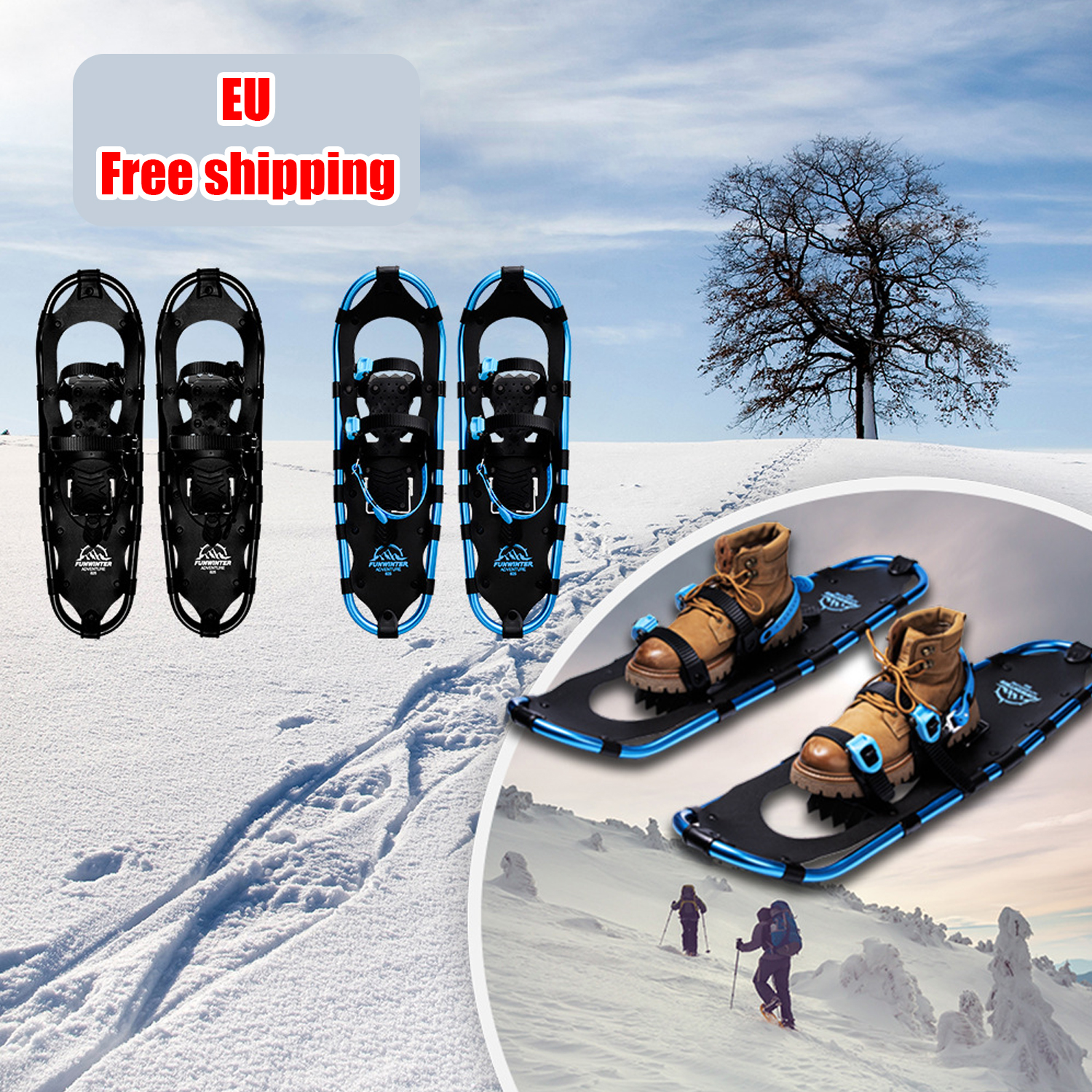 Snow Shoeing Anti-Slip Shoes Ice Snow Grips Wholesale Custom CE all terrain Funwinter Snow Walk Traction Cleats ratchet binding black snow shoes for men kids