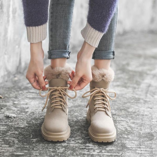 Botas suaves de suela gruesa de cuero para la nieve para mujer, tubo corto de felpa, algodón cálido, grueso, 5, 5, 2021