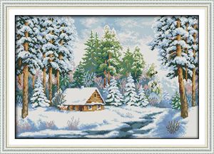 Snow World Forest Landschap Handgemaakte Cross Stitch Craft Gereedschap Borduurwerk Handwerk Sets Geteld Afdrukken op Canvas DMC 14CT / 11CT