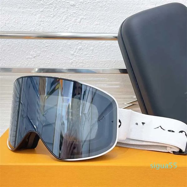 Nevadas Invierno Últimas gafas de esquí Resistente a los rayos UV Lente de correa de reloj ajustable con máscara de diseñador de moda Gafas de sol con caja original