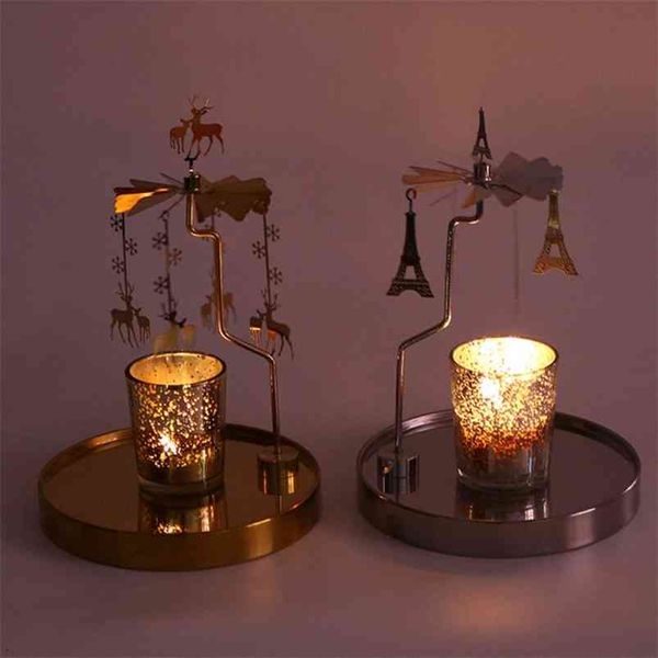 Copo de nieve Ciervo Hada Giratoria Candelabro Tealight Portavelas Bandeja Romántica 210722