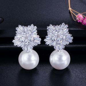 Snowflake Imitatie Pearl luxe bruid charme ontwerper oorbellen sieraden wit grijs rode parel aaa kubieke zirconia koper zilveren oorbel wo 208p