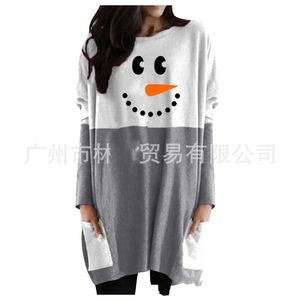 Bonhomme de neige manches longues hauts de maternité mignon poche grande taille femmes longue mode impression fête t-shirt noël 24lh K2
