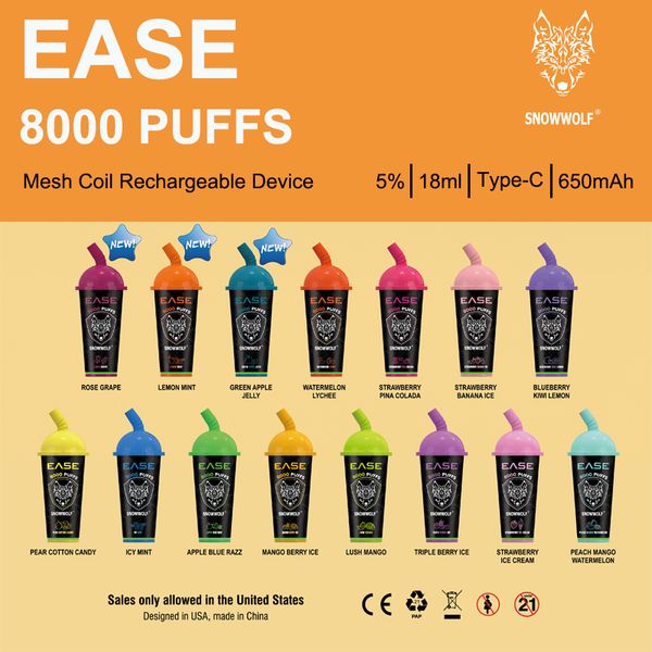 SNOWWOLF EASE 8000 Puffbars Puffbars Stylo Vape jetable Original Vapes Puff jetable 5% E-Cigarette 650 mAh Type-C Bobine de maille 15 Saveurs