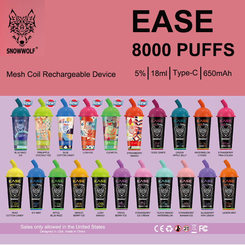 SNOWWOLF EASE 8000 Puff Puffbars Descartáveis Vape Pen Original Vapes Puff Descartável 5% E-Cigarro 650 mAh Tipo-C Bobina de Malha Sabores Ricos de Frutas