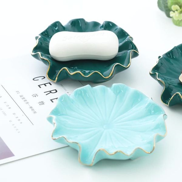 Porte-savons Céramique porte-savon Style nordique feuille de Lotus forme porte-savon boîte à savon facile à nettoyer porte-savon accessoires de salle de bain 230926
