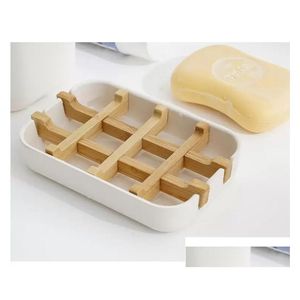 Soap Dishes Creative Modern Simple Badkamer Anti slip Bamboo Fiber Dish Tray Holder 13.2x8.5x2.5cm juni 23 Drop levering Home Garden Dh3qm