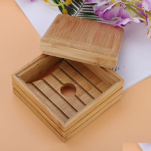 Porte-savons Boîtes de rangement carrées en bambou naturel Plateau à vaisselle en bois Étui fait à la main avec couvercle pour support Cuisine Salle de bain Douche Drop Delive Dhkd4