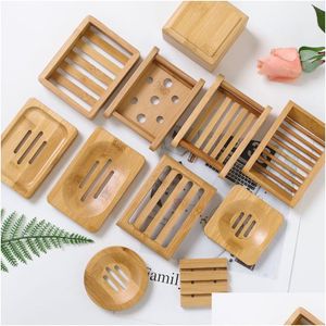 Soap Dishes Wooden Dish Natural Bamboo Holder Rack Plate Tray Mti Style Round Square Container Drop Delivery Home Garden Bath Bathro Dhh6L