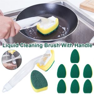 Soap Dispensing Brush Set with 1 Dish Washing Handle 9 Sponge Replacement Head Kitchen Sink Scrubber Cleaning Tool 220629