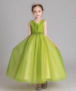 Sobriété vert Tulle col en v perles robe de fille de fleur robes de concours de fille robes de fête/anniversaire jupe de fille personnalisé SZ 2-12 D319036