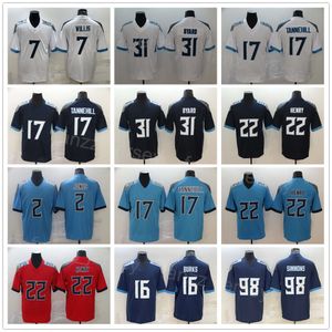 Men Football 7 Malik Willis Jerseys 16 Treylon Burks 98 Jeffery Simmons 22 Derrick Henry 17 Ryan Tannehill 31 Kevin Byard 2 Robert Woods Stitching Navy Blue Red White