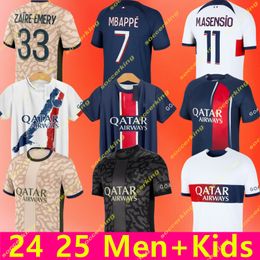 Jerseys de football Mbappe Maillot Psges 23/24/25 Joueur 10 Hakimi Sergio Ramos M.Asension 2023 2024 2025 Paris Kolo Muani Football Jersey Men Kids Kit Set Uniform