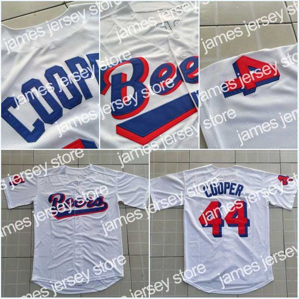 Maillots de football Hommes Joe Coop Cooper # 44 BASEketball BEERS Film Jersey Button Down Blanc Baseball Maillots Haute Qualité