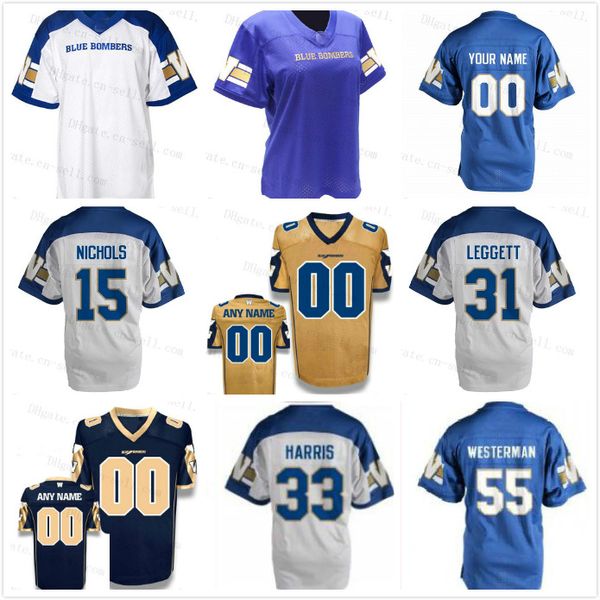 Camisetas de fútbol cosidas Winnipeg Blue Bombers Jersey personalizada cualquier nombre 5 Dieter Brock 33 Andrew Harris 55 Jamaal Westerman 31 Maurice Leggett Fútbol