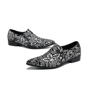 Social Zapatos de noche de talla grande en blanco y negro, zapatos de fiesta con bordado de punta estrecha, zapatos formales de cuero de moda para hombre