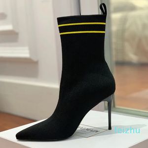 Calcetín Botas Stiletto Tobillo Botines Zapatos Tejido de punto letra Media pantorrilla Tirar en punta elástica Punta de aguja Diseñador de lujo Mugle