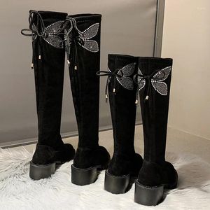 Calcetín mariposa chic cristal 485 botas mujeres 2024 tacones altos gruesos nudo de lazo moderno botas delgadas rodilla altura estirado bottine femme 35 rodilla-