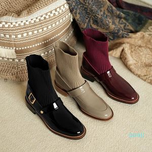 Chaussette demi bottes femmes automne saison décontracté et polyvalent avec cuir de vache talon épais et tête ronde élastique femme plate-forme chaussure