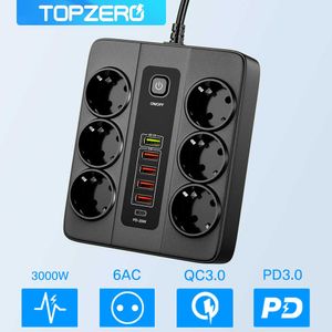 Sockets 3000W Strip Surge Protector With 6 EU Plug and 6 USB QC30 Type C PD20W Fast Charge Smart Home USB Socket for Home Office Z0327