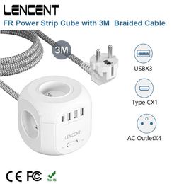 Sockets LENCENT FR Strip Cube con 4 tomas de corriente AC 3 ports USB 1 tipo C 3M cable trenzado adaptador de corriente mltiple con interruptor para el hogar Z0327