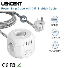 Sockets Lencent Strip Cube Con 4 Salidas de Ca 3 Puertos USB 1 TIPO C CABLE 3M TRENZADO ADAPTADOR DE CORRENTE MLTIPLE CON Interrupteur para El Hogar Z0327