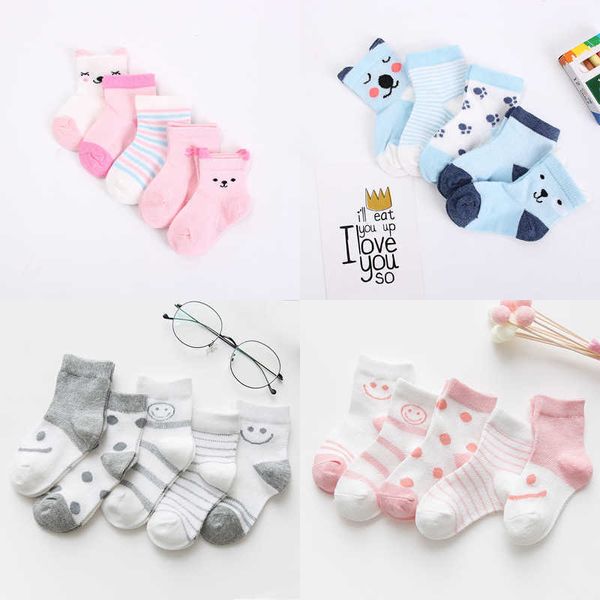 Chaussettes 5 paires / lot de bébé adaptées aux nouveau-nés dessin animé chaussettes en coton doux été 0-24 mois garçons et filles mignon maille cadeau pour enfants G220524