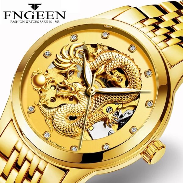 Calcetines Fngeen Reloj de pulsera dorado superior para hombre Relojes mecánicos automáticos impermeables Reloj de diamantes de dragón El mejor regalo