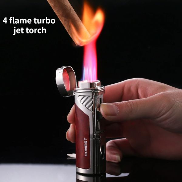 Chaussettes quatre briquets de gaz incendie coupe-cigares en métal Butane jet turbo-torche Ligners de pare-brise accessoires de cigares