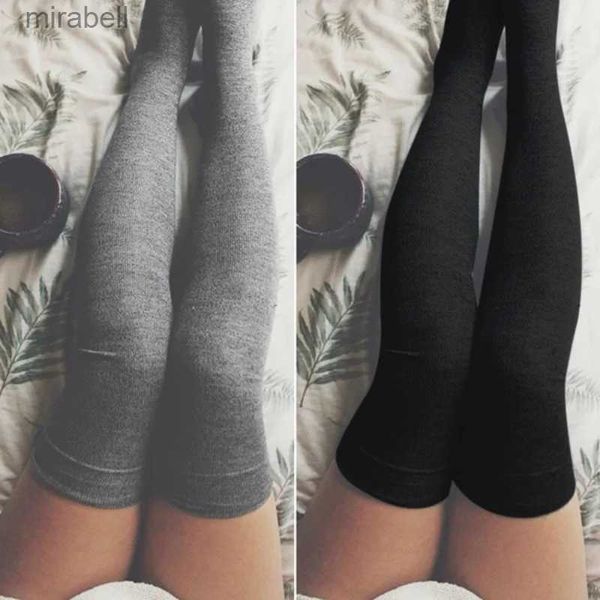 Chaussettes Bonneterie 2021 Femmes Couleur Unie Coton Cuisse Haute Au-dessus Du Genou Bas Pour Dame Filles Noir Blanc Gris Chaud Long Bas Sexy Médias YQ240122