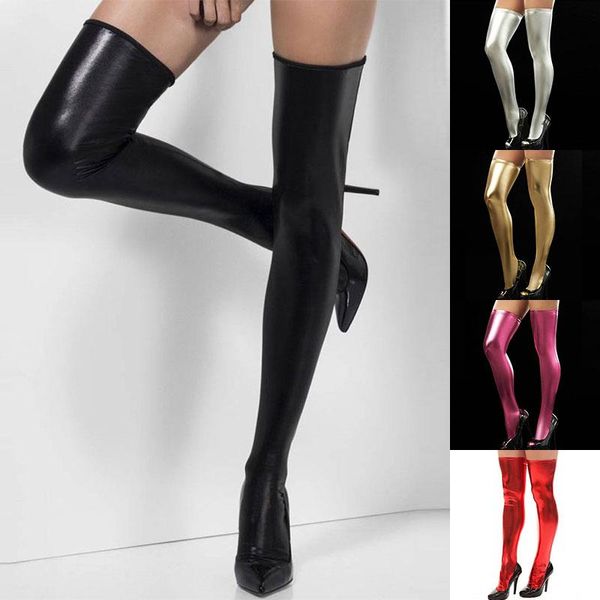 Chaussettes bonneterie 2022 femmes bas en cuir PU mode cuisse haute noir rouge or Sexy sur le genou longue botte