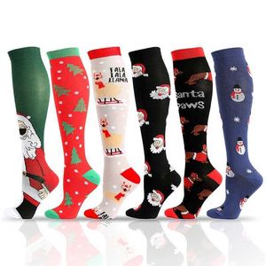 Sokken Hosiery 2023New kerstcompressiekousen verlichten beenspiervermoeidheid Kerstcartooncompressie Vrouwen mannen Kousen Y240504