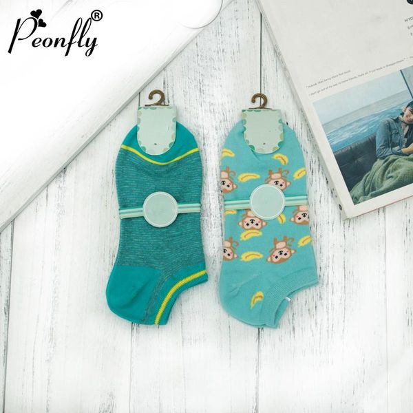 Chaussettes Bonneterie 2pari PEONFLY Femmes Singe Banane Rayé Absorbant Respirant Coton Dessin Animé Vent Saisons Bateau Dames