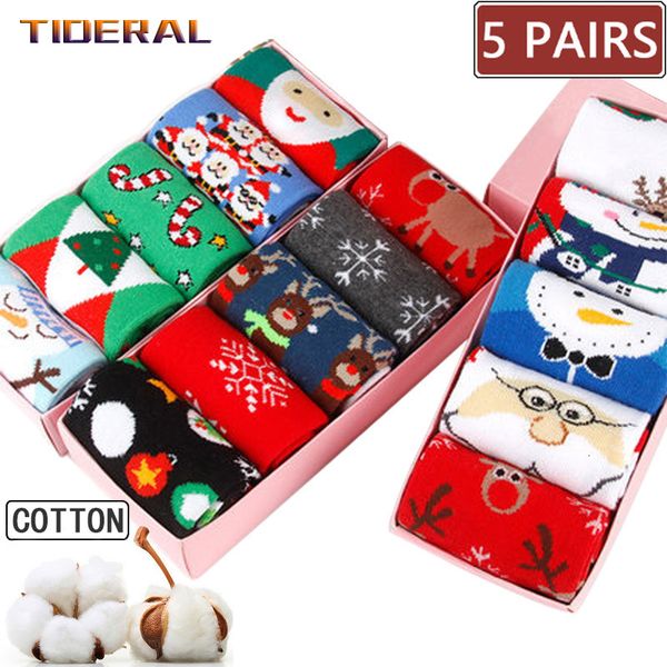 Chaussettes bonneterie 5 paires hommes femmes coton dessin animé noël mignon père noël wapiti neige drôle chaussette bonne année d'hiver cadeau 221124