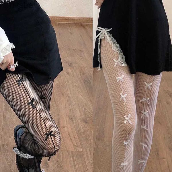 Chaussettes Bonneterie Bas de Corps pour Femmes Sexy Maille Bas Résille Noeud Papillon Collants Creux Nylon JK Lolita Collants Party Club Net Noir YQ240122