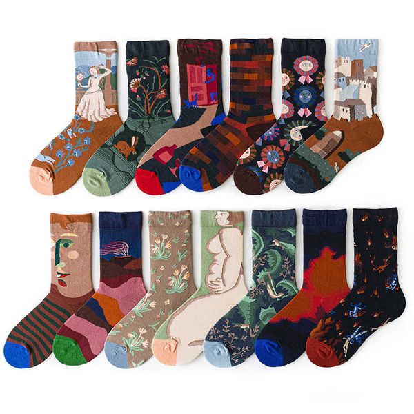 Calcetines Hosiery Creative Funny Women Crews Calcetines Cotton Woman Streetwear Skateboard Gothic Style Building Flowers Sock T221102