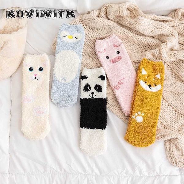 Chaussettes Bonneterie Mode belle Bande Dessinée Animal Coral Fleece Chaussettes Épaisses pour Femmes Chien / Panda / Chat Pied Mignon Chaussette Noire Drôle Filles Chat Bonneterie Sox T221102