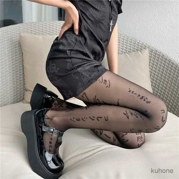 Calcetines calientes moda sexy letra japonesa kanji estampado medias de pantimedias talla de gran tamaño medias delgadas tatuaje de malla calcetines estampados femenina niña